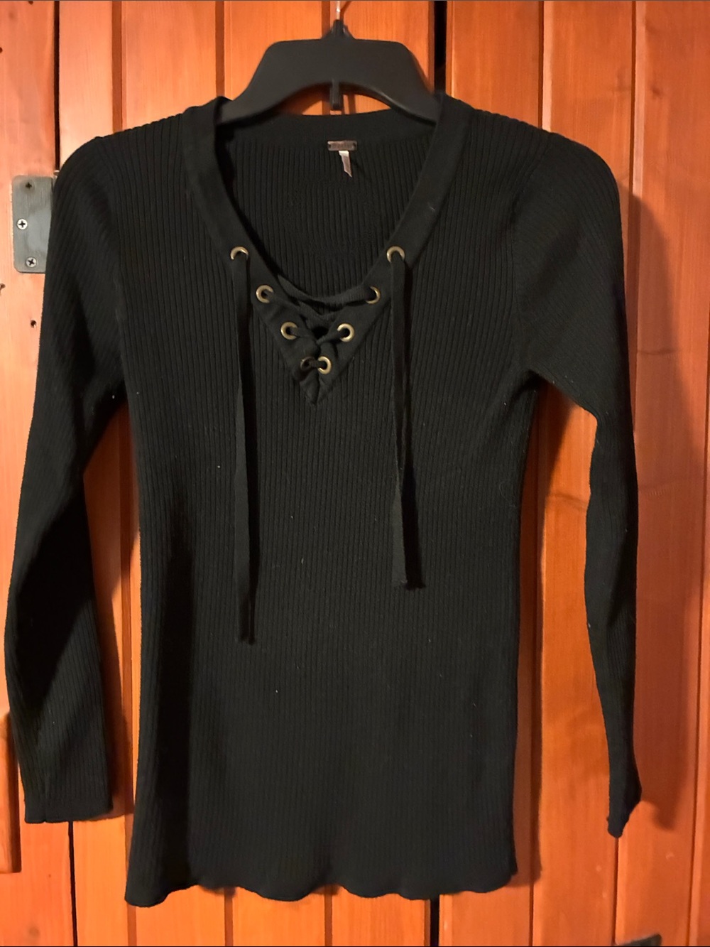 Poof! Black Ribbed Long-Sleeve Lace-Up Top. B1